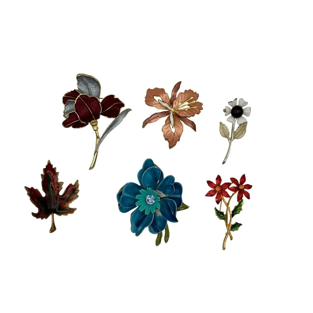 Vintage‎ Enamel Brooch Lot Womens Multicolor Floral Leaf Vintage Style Pins